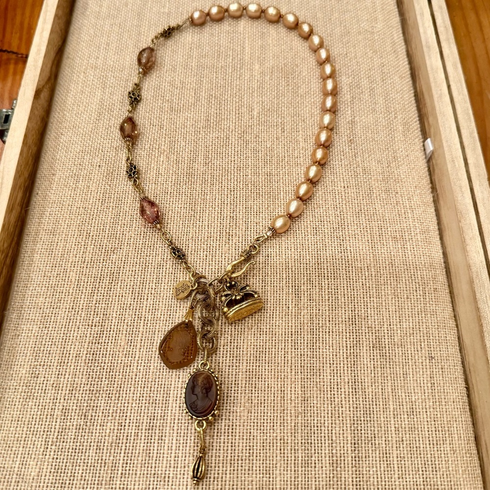 Robin Steele Vintage Style Victorian charm necklace w real pearls